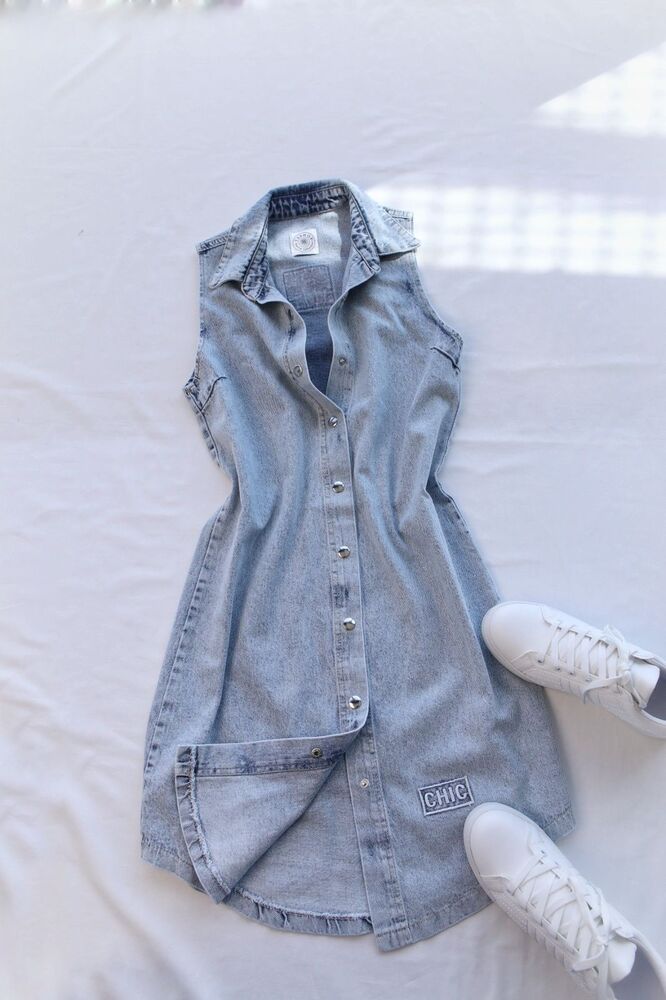 Yakalı Kolsuz Chic Denim Elbise MAVİ